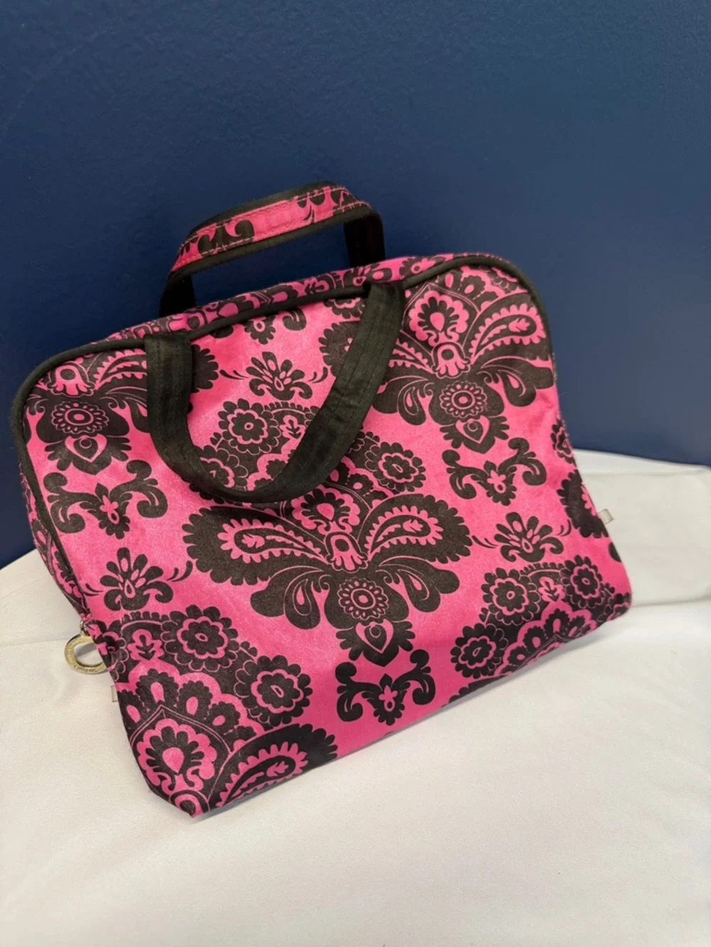 Hot Pink & Black Damask Cosmetic Case with Handle